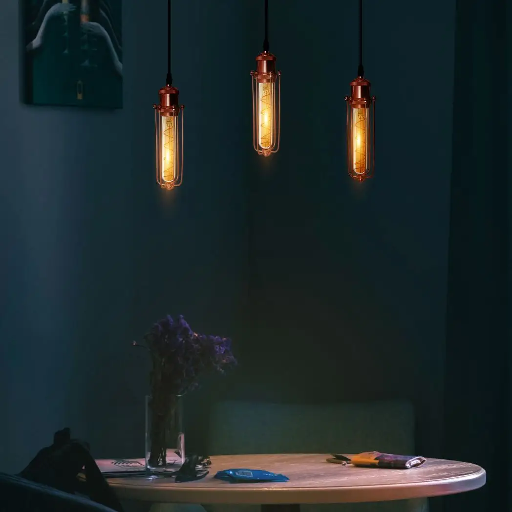 LEDSONE 3 Head Rectangle Rose Gold Ceiling E27 Pendant Light with Wire Cage, Industrial Vintage Hanging Lamp Fixture - Pendant Lights