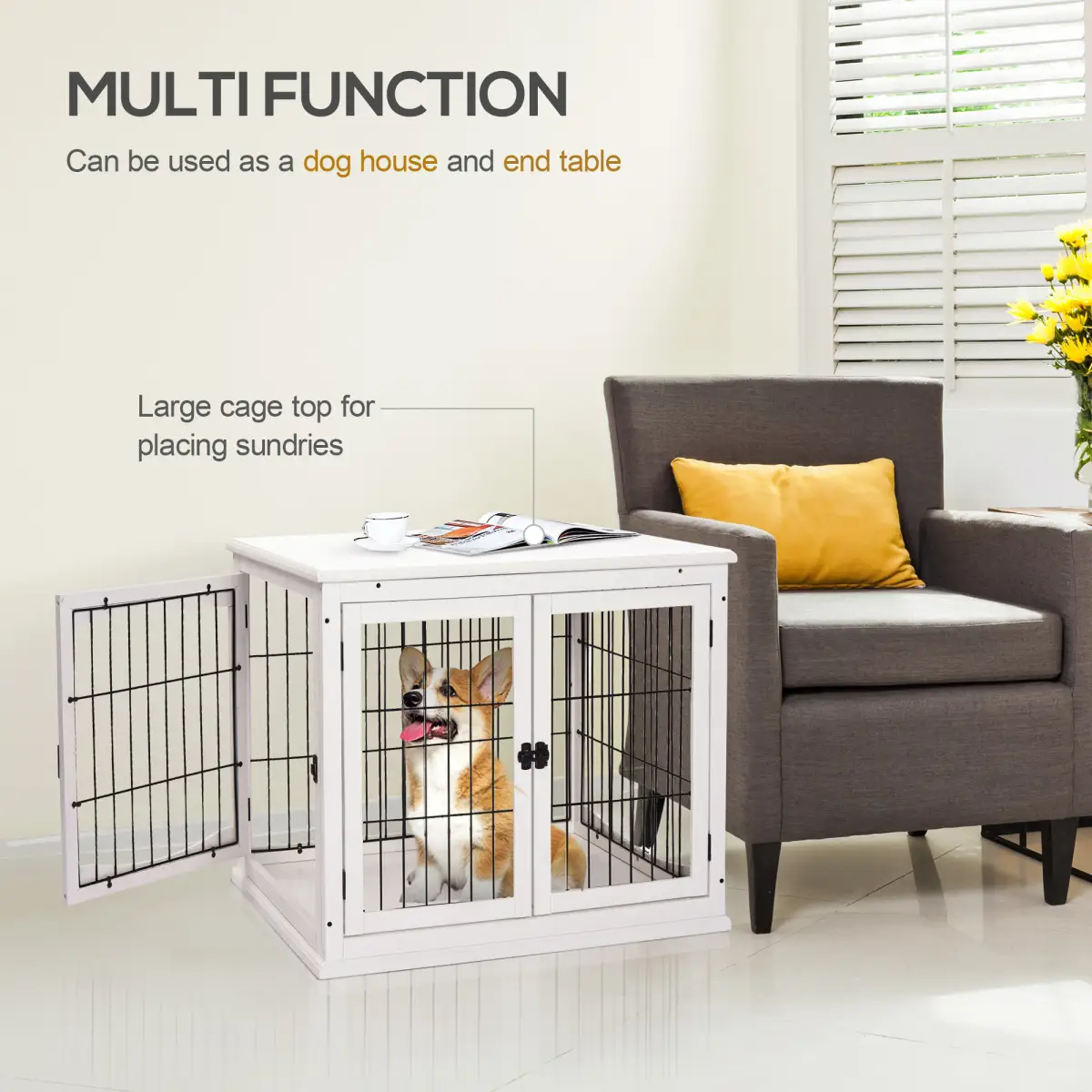 Pawhut Wooden Dog Crate End Table Pet Puppy Cage w/Metal Wire for Small Dog White - Dog Crate