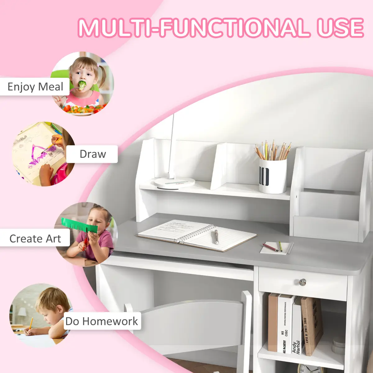 ZONEKIZ ZONEKIZ Kids Desk and Chair Set with Storage for 5-8 Years, Grey - Desk