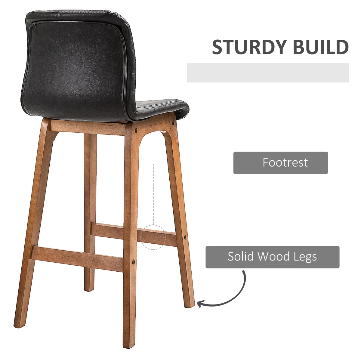 HOMCOM 2 Pcs 93cm Faux Leather Bar Stools Wooden Frame Footrest Padding High Back Brown -