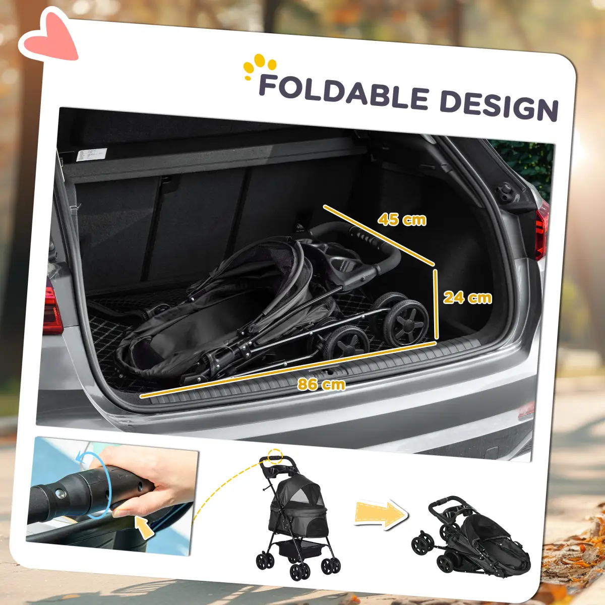PawHut PawHut Pet Stroller Foldable Travel Carriage w/ Brake Basket Canopy, Black - Pet Carrier