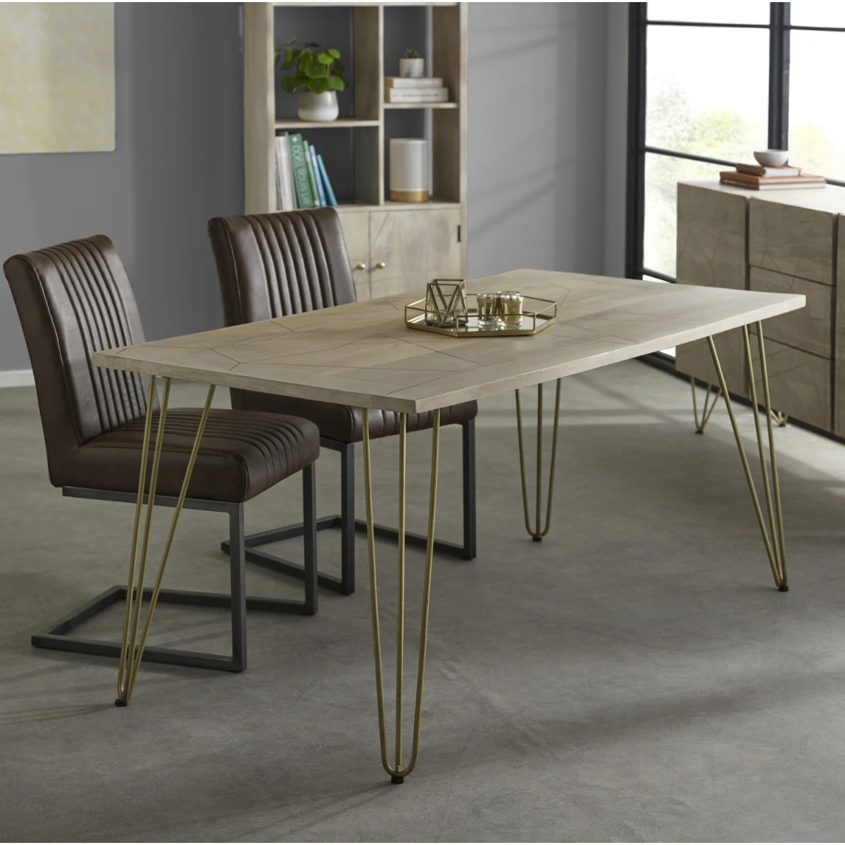 Premium Dining Table Light Gold Metal Inlay Angled Legs by Indian Hub