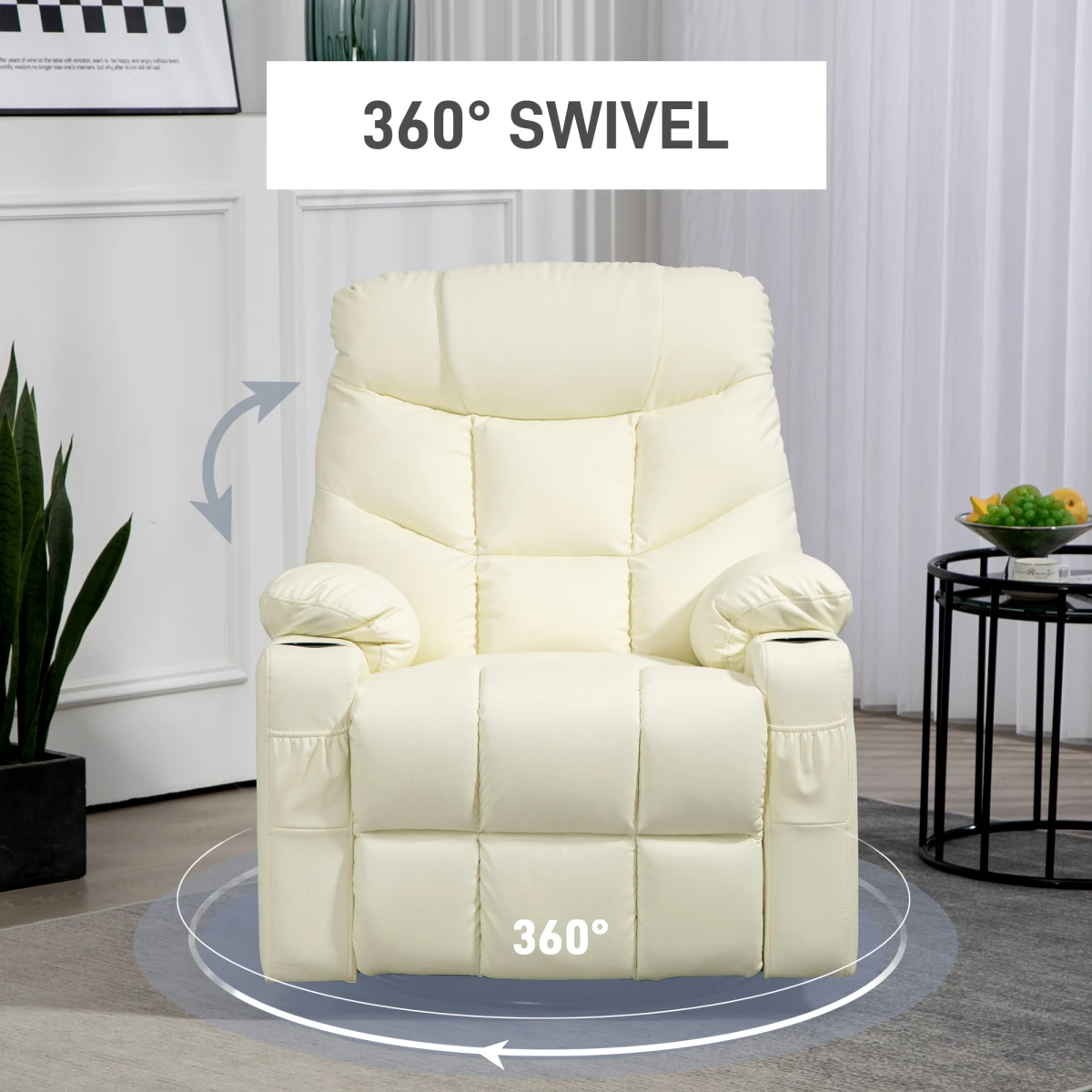 HOMCOM Manual Recliner Chair Cream With Footrest Cupholders - Recliner