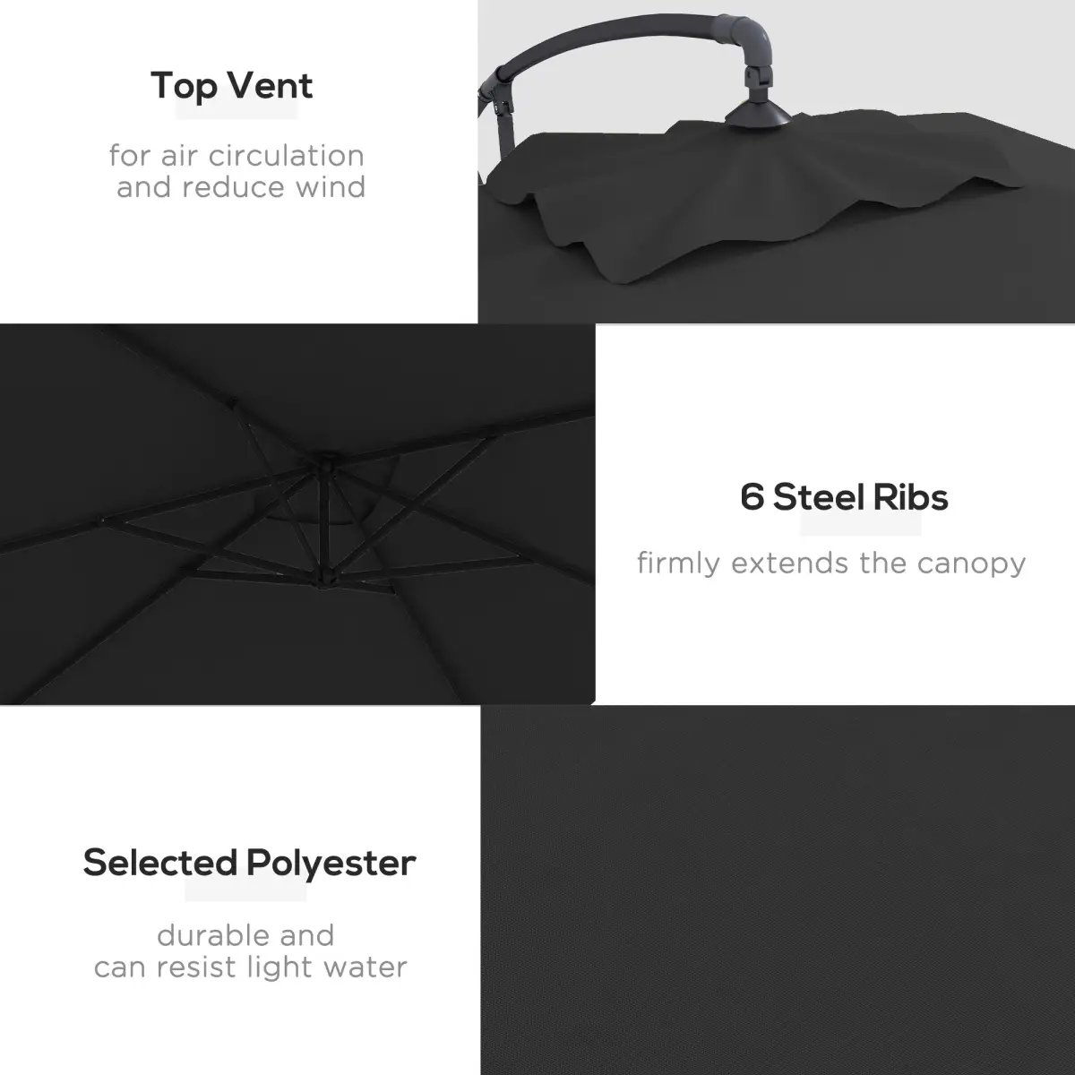 Outsunny Outsunny 3 m Cantilever Parasol with Cross Base, Crank Handle, 6 Ribs, Black - Parasol