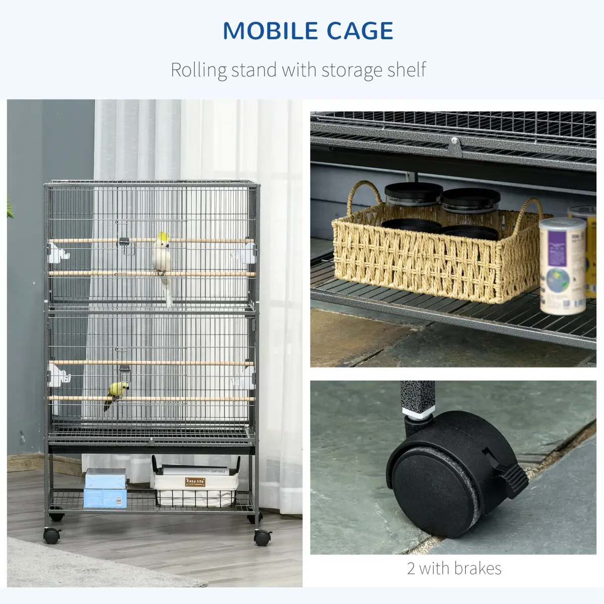 Unbranded Bird Cage Aviary for Budgies Canaries w/ Rolling Stand Slide-Out Tray, Grey - Bird Cage