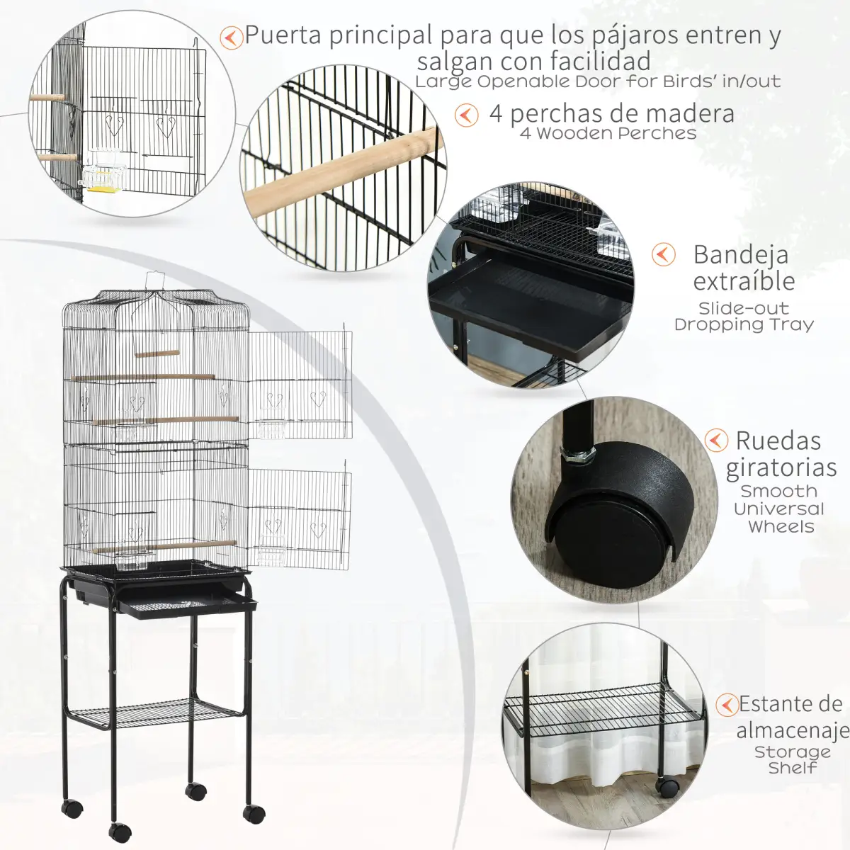 Pawhut Bird Cage Metal Budgie Cages W/ Rolling Stand Slide-out Tray Storage Shelf Black - Bird Cage