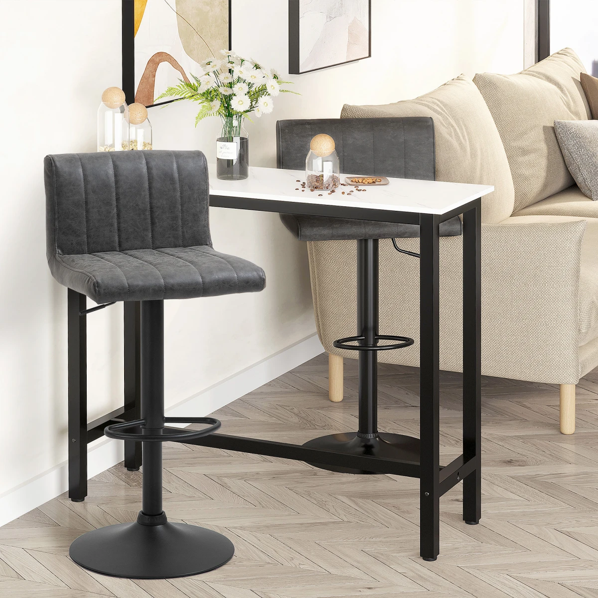 Homcom HOMCOM Premium Bar Stools Set Of 2 Adjustable Height With Footrest Grey PU Leather For Home Kitchen - Bar Stool