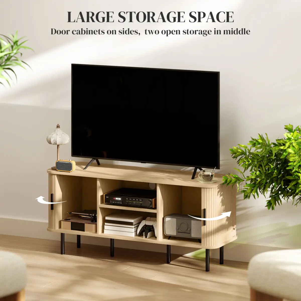 HOMCOM Living Room TV Unit With Oak Tone Finish HOMCOM Two Shelves Two Cupboards Cable Management Elevated Base - TV Unit