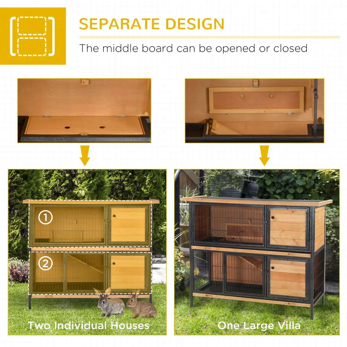 Pawhut Wooden Metal Rabbit Hutch Pet House Bunny w/ Slide-Out Tray Outdoor Light Yellow - Rabbit Hutch