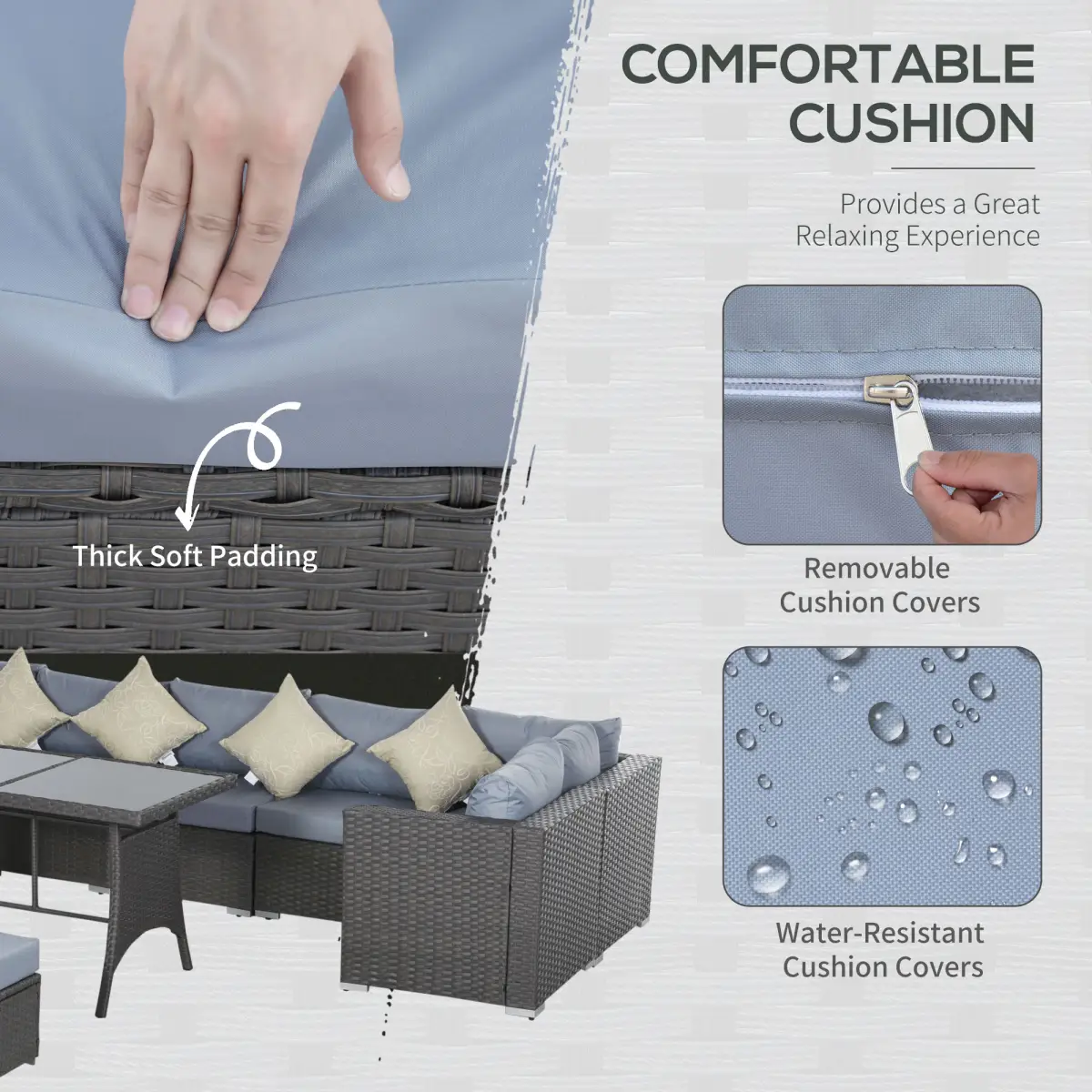 Outsunny 10 Pcs Rattan Sofa Set-Grey/Dusty Blue Cushion - Garden Sofa Sets
