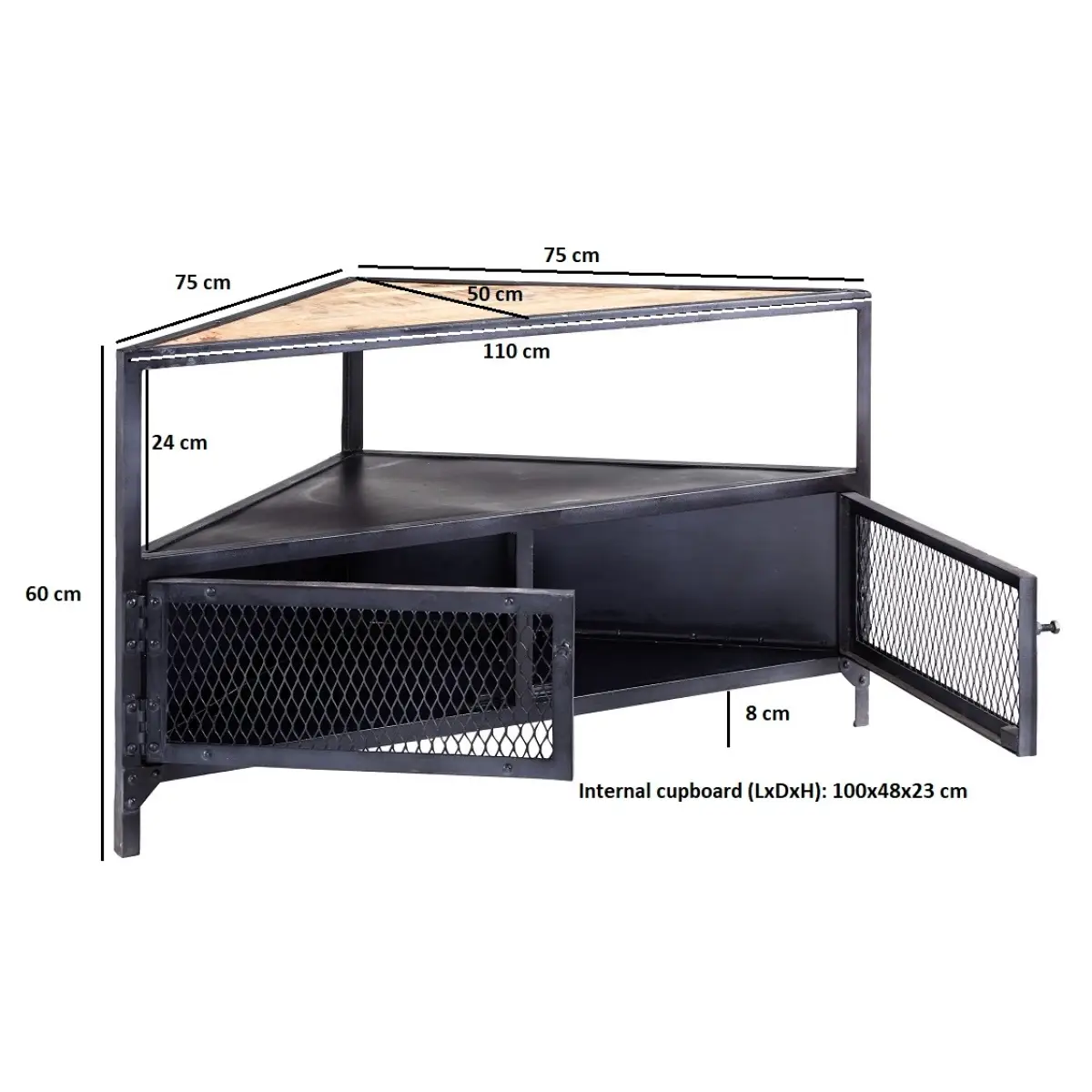 Indian Hub Statement Corner TV Unit Industrial Hand Crafted Reclaimed Wood With Metal Mesh Panels - TV Unit