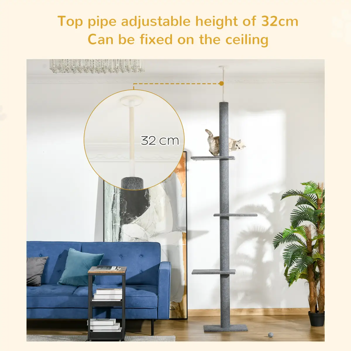 Unbranded 260cm Floor To Ceiling Cat Tree Kitten Tower Adjustable Height - Grey Pawhut - Cat Tree