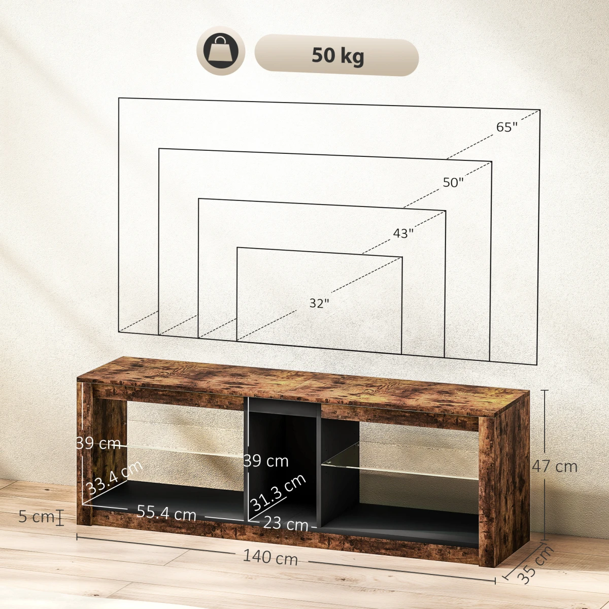 HOMCOM TV Stand 140cm Top LED Lights Living Room Unit by HOMCOM
