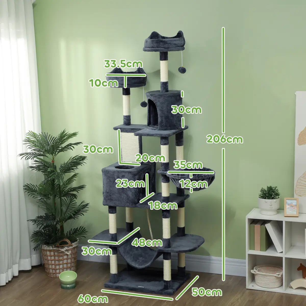 PawHut PawHut 206cm Cat Tree with Scratching Posts, Beds, Condos, Toys, Dark Grey - Cat Tree