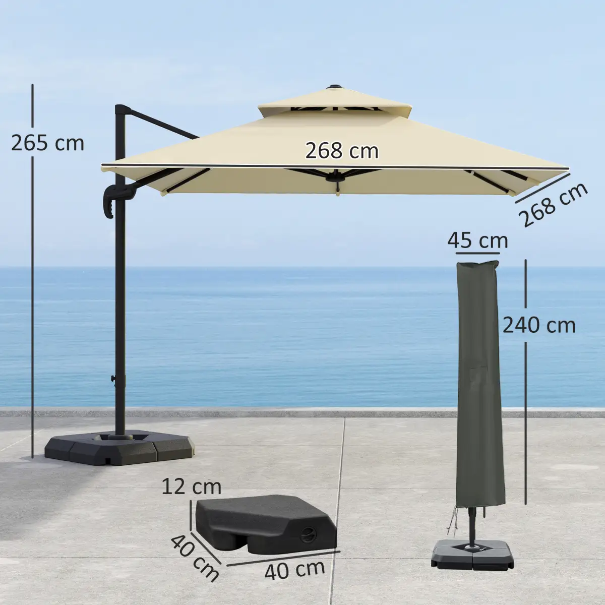 Outsunny Outsunny 360° Cantilever Parasol Roma Umbrella w/ Base Weights, Khaki - Parasol