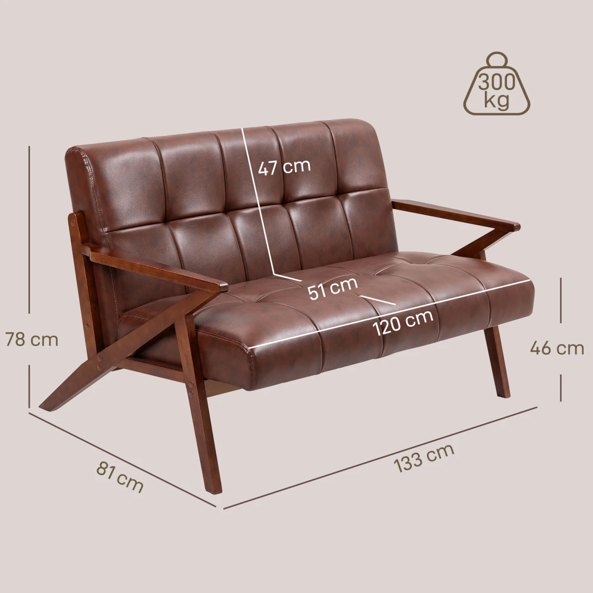 HOMCOM Two-Seater Sofa Compact Solid Wood Frame Small Space by HOMCOM