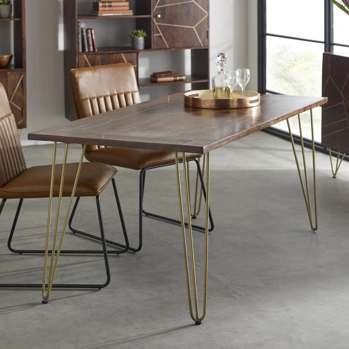 Indian Hub Dark Gold Dining Table Standard with Metal Inlay For Home - Dining Table