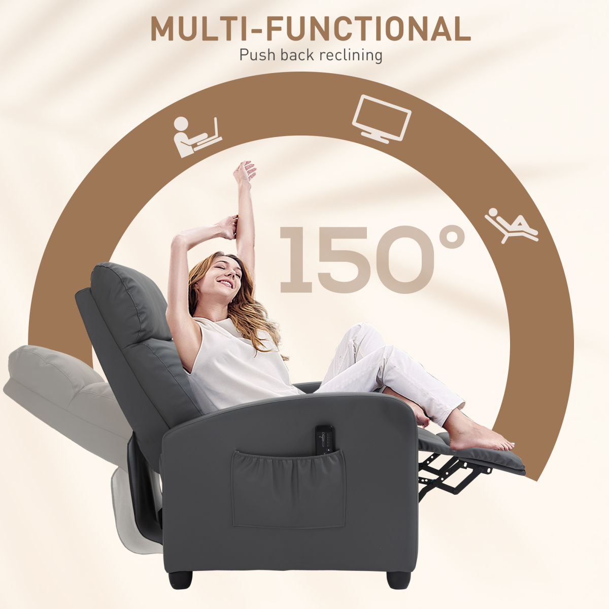 HOMCOM Recliner Armchair, Massage Faux Leather Push Back Reclining Chair with Adjustable Leg Rest, Side Pocket, for Home Living Room Theatre, Grey - from Unbranded