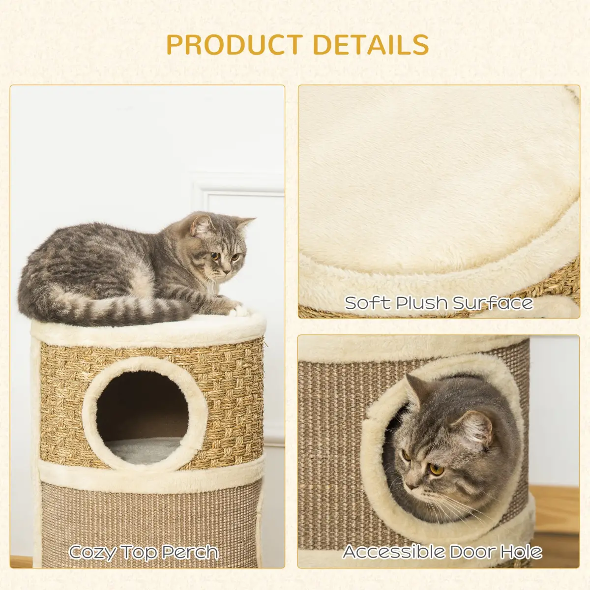 Unbranded Cat Scratching Barrel Kitten Tree Tower with Sisal and Seaweed Rope Pawhut - Cat Tree