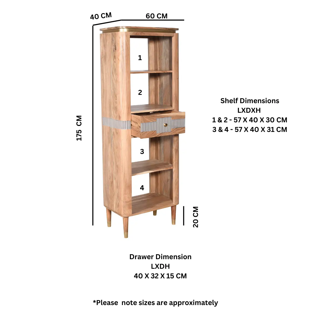 Indian Hub Wilton Acacia Wood Slim Bookcase With 1 Drawers - Bookcase