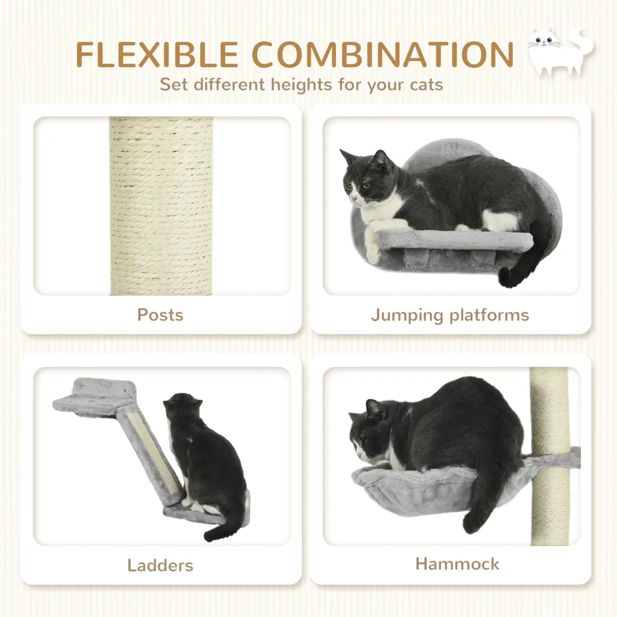 PawHut PawHut Cat Wall Furniture with Hammock Platforms Ladder Scratching Post - Grey - Cat Tree