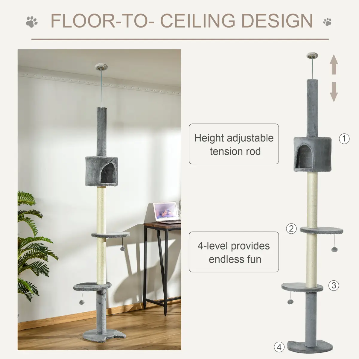 Pawhut Cat Tree, Multi-Floor Pet Playhouse w/ Solid Scratching Post, Light Grey - Cat Tree