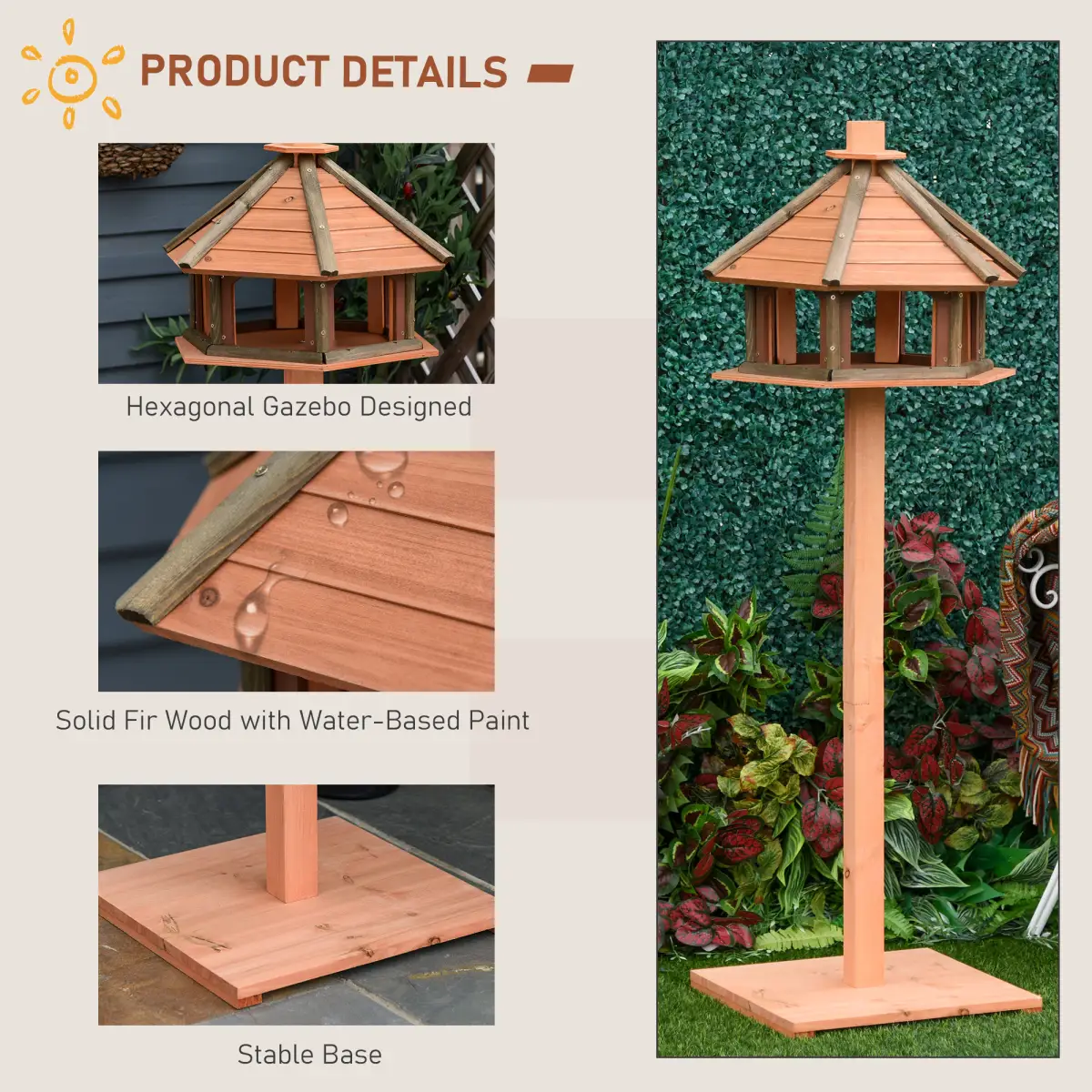 Pawhut Wooden Bird Feeder Wooden Bird Table Bird Feeder with Roof, Brown, 130cm - Bird Feeder