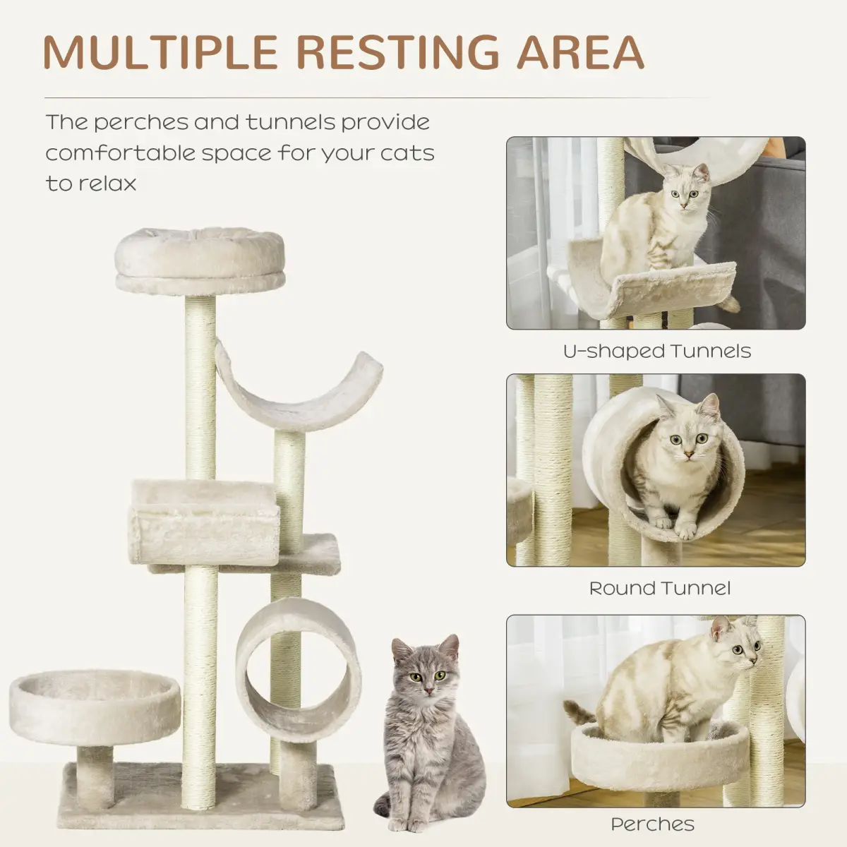 Pawhut Multi-Level Large Cat Tree Scratching Post Perch Play Center Tunnel Beige - Cat Tree