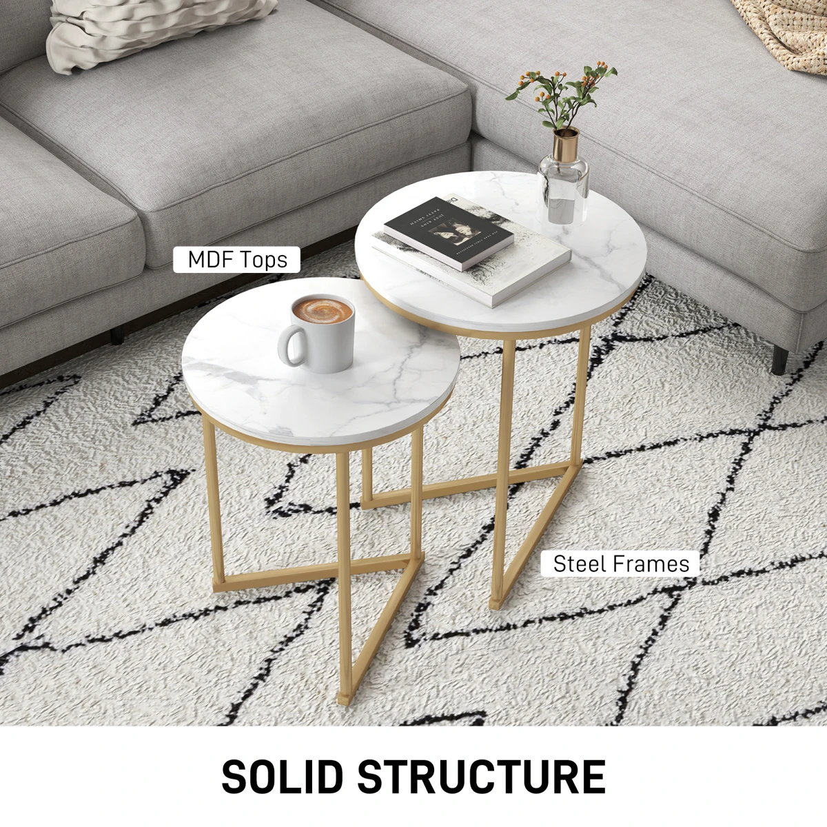 HOMCOM Nesting Coffee Tables Set of 2 With Marble Look Tops and Gold Frames for Modern Living Room - Coffee Table