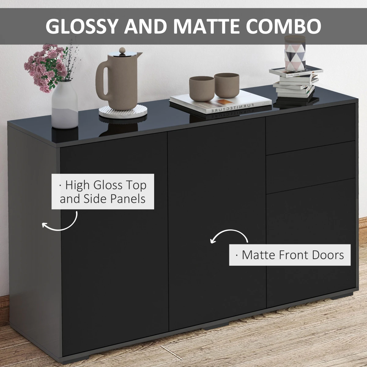 Unbranded Premium Side Cabinet 72W x 18D x 30H Glossy Top Matte Fronts With 2 Doors And 2 Drawers For Home Office - Sideboard