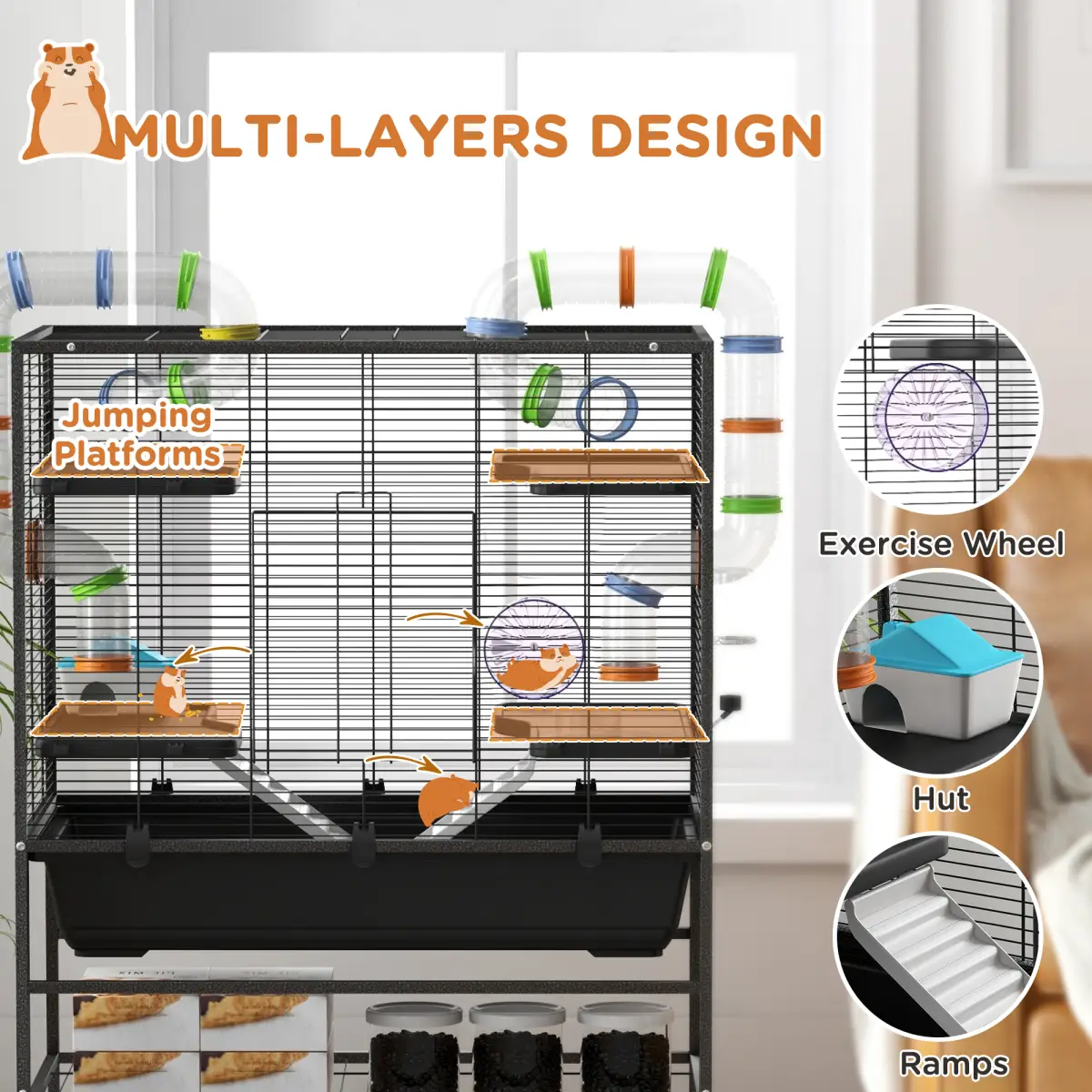 PawHut PawHut Large Hamster Cage, Rat Cage with Wheels, Tubes, Storage Shelf, Ramps - Pet Cage