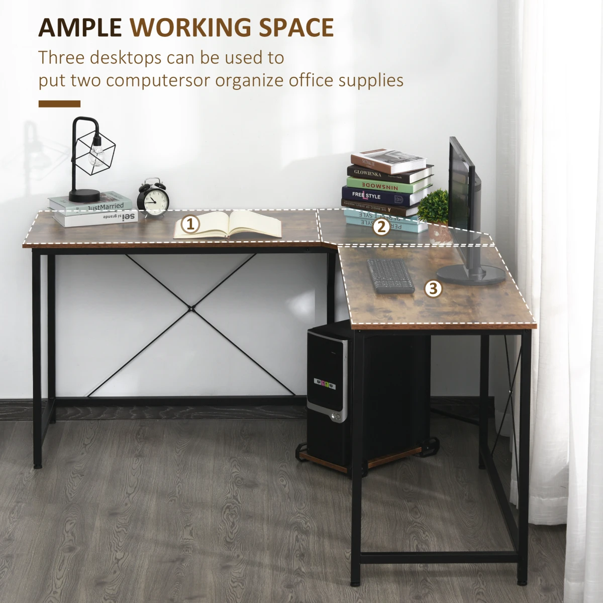 Industrial L-Shape Desk 60x24in Wood Grain Office - Desk