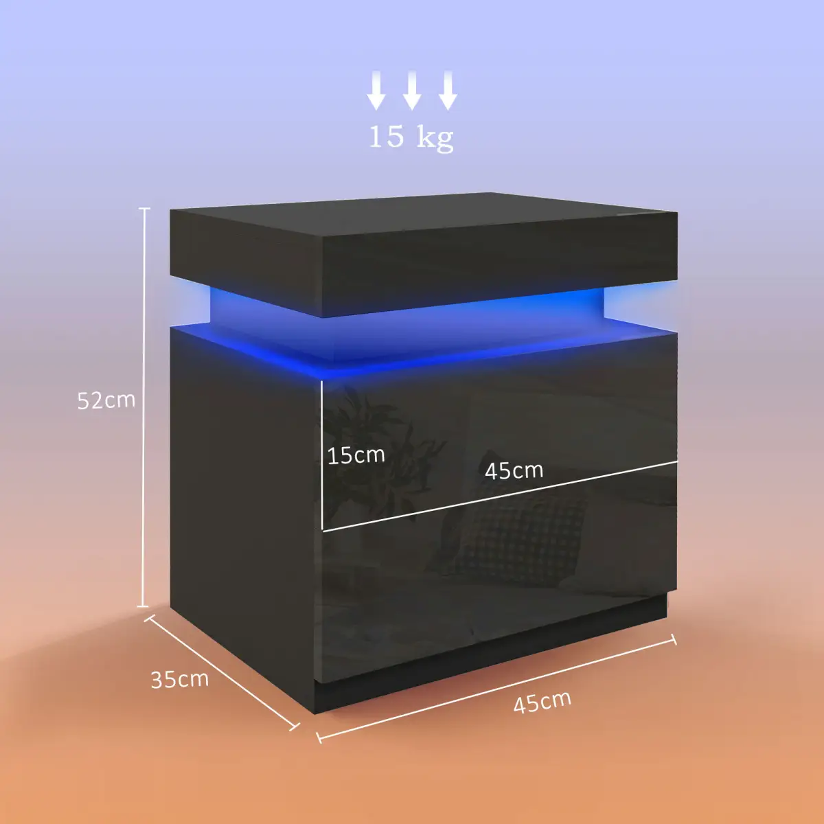 HOMCOM HOMCOM High Gloss Bedside Table with LED Light and 2 Drawers, Black - Bedside Table