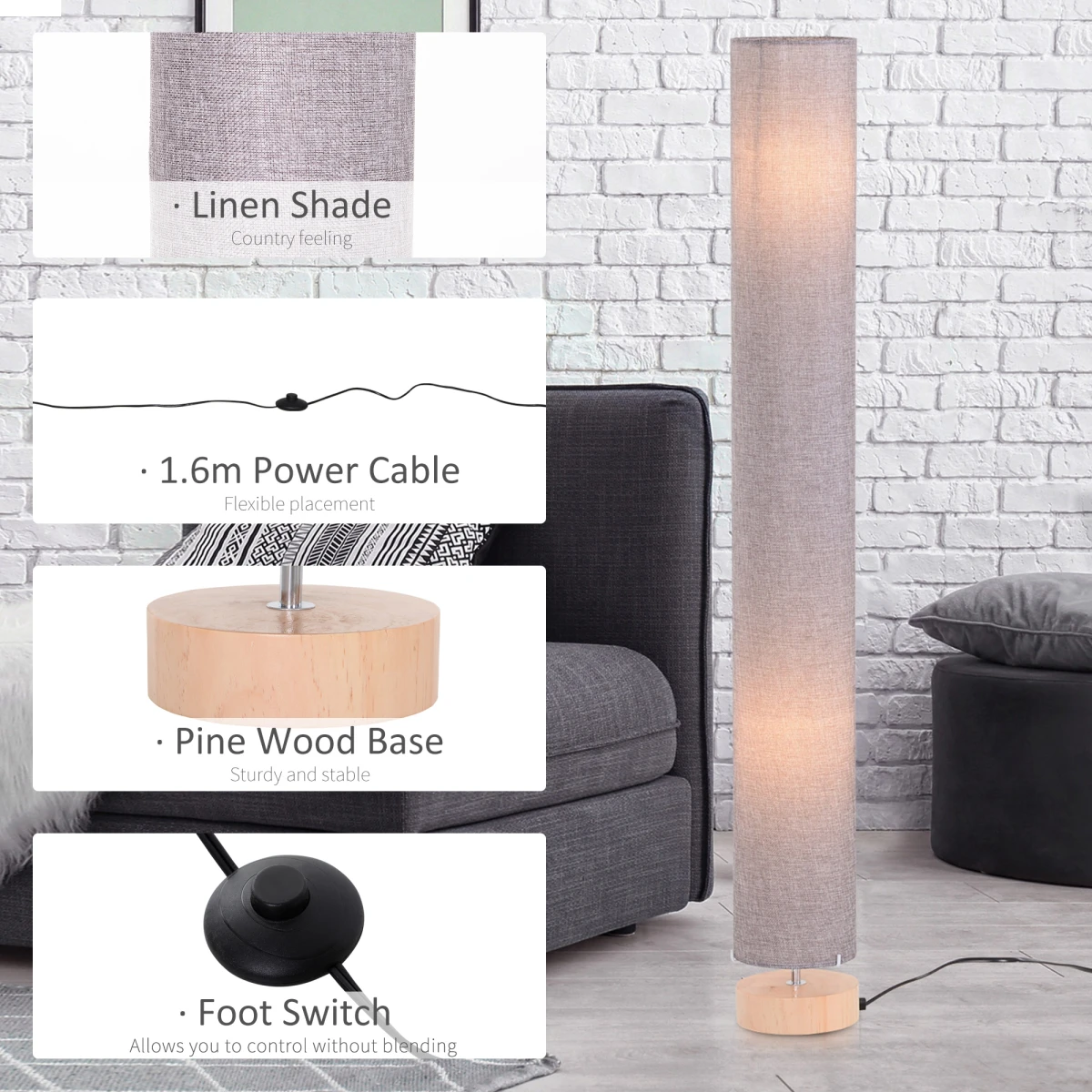 Contemporary Wooden Base Floor Lamp 120 cm with Linen Shade by HOMCOM