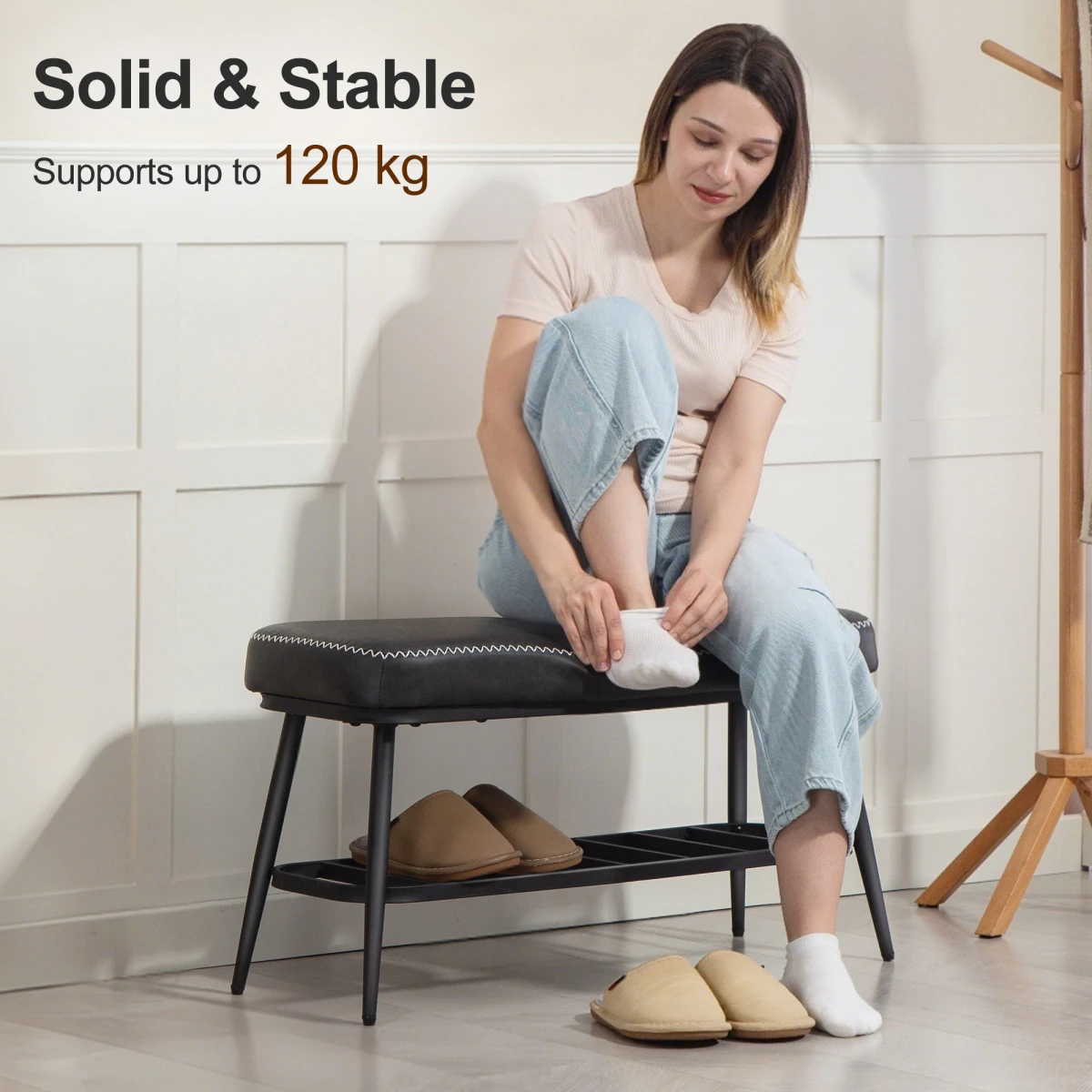 PU Leather Bench 7cm Cushion Four Pair Entryway by N/A