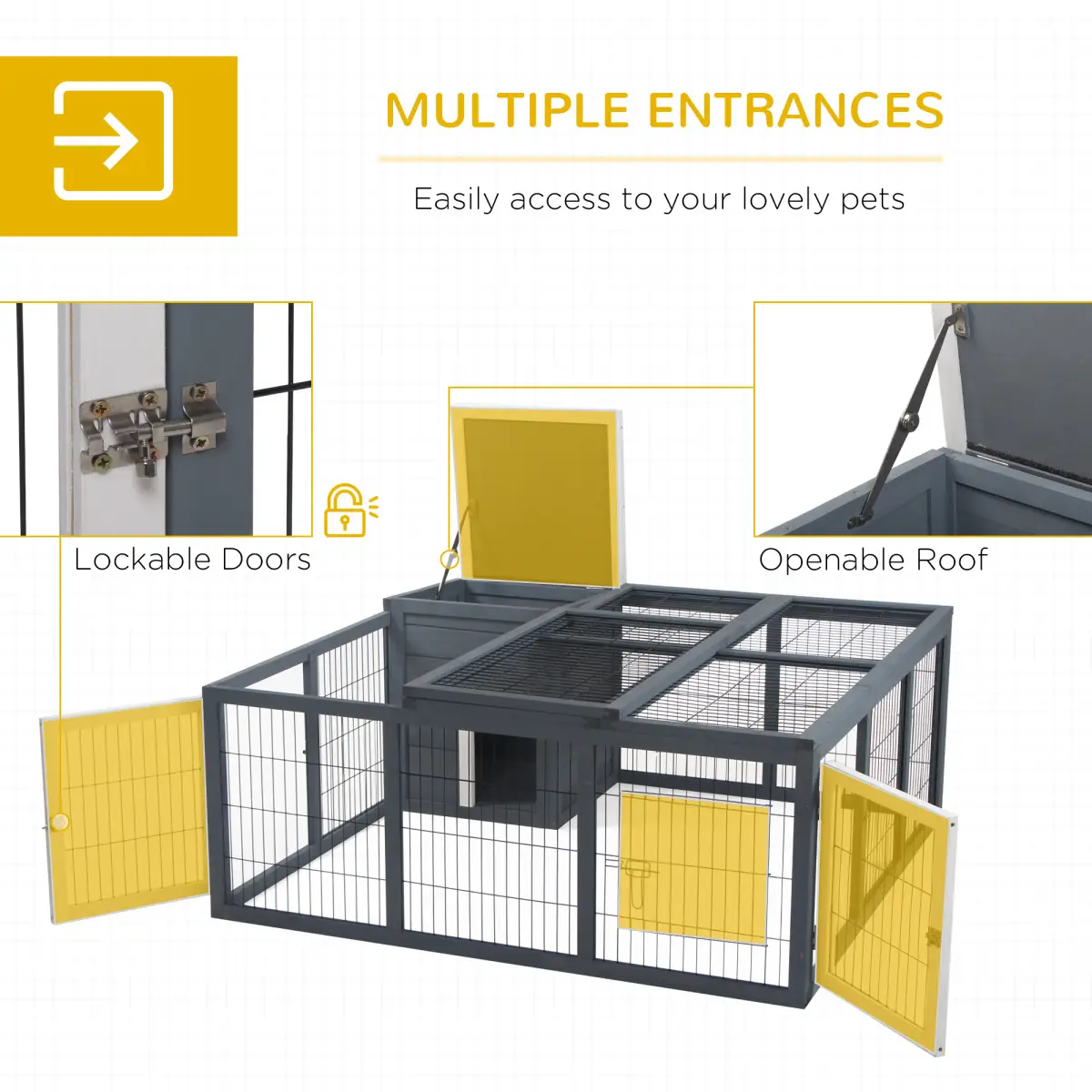 Pawhut Rabbit Run Small Animal Hutch Guinea Pig House with Openable Main House & Roof - Rabbit Hutch