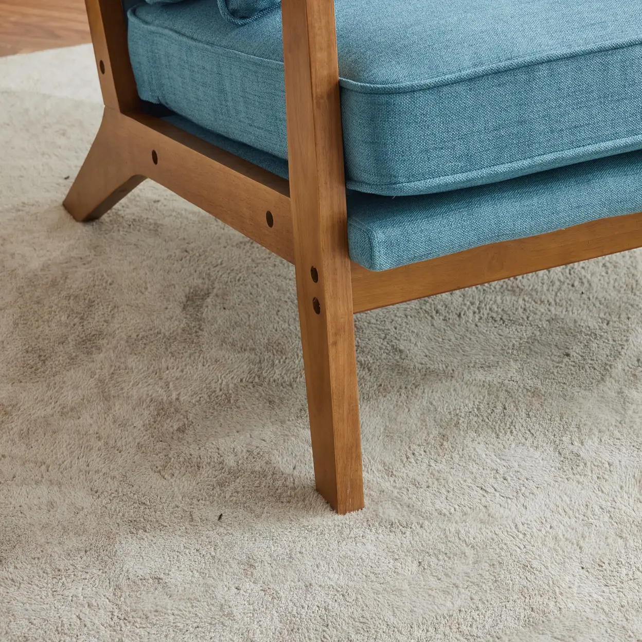 N/A Mid-Century Oak Accent Chair - Linen-Cotton Navy Blue Upholstered Single Lounge Chair, Indoor Armchair with Sturdy Wood Frame (330LBS Weight Capacity) - Accent Chair