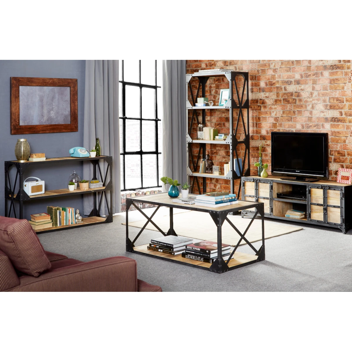 Indian Hub Ascot Industrial Coffee Table 48W X 20D X 18H Reclaimed Wood Top Handcrafted Living Room Decor - Coffee Table
