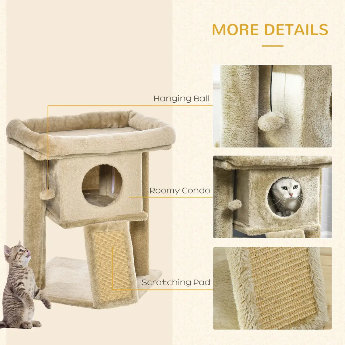 Pawhut Cat Tree Tower W/ Jute Scratching Pad, Toy Ball, Cat House 66x38x88 cm - Coffee - Cat Tree
