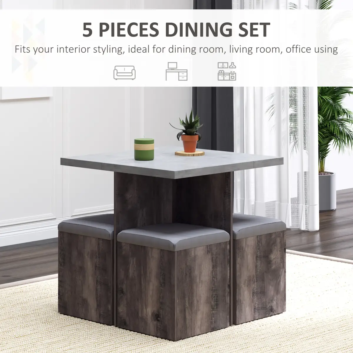 HOMCOM 5Pcs Garden Wooden Dining Table Set Particle Removable Lid Board Chair Seat-Grey - Garden Set