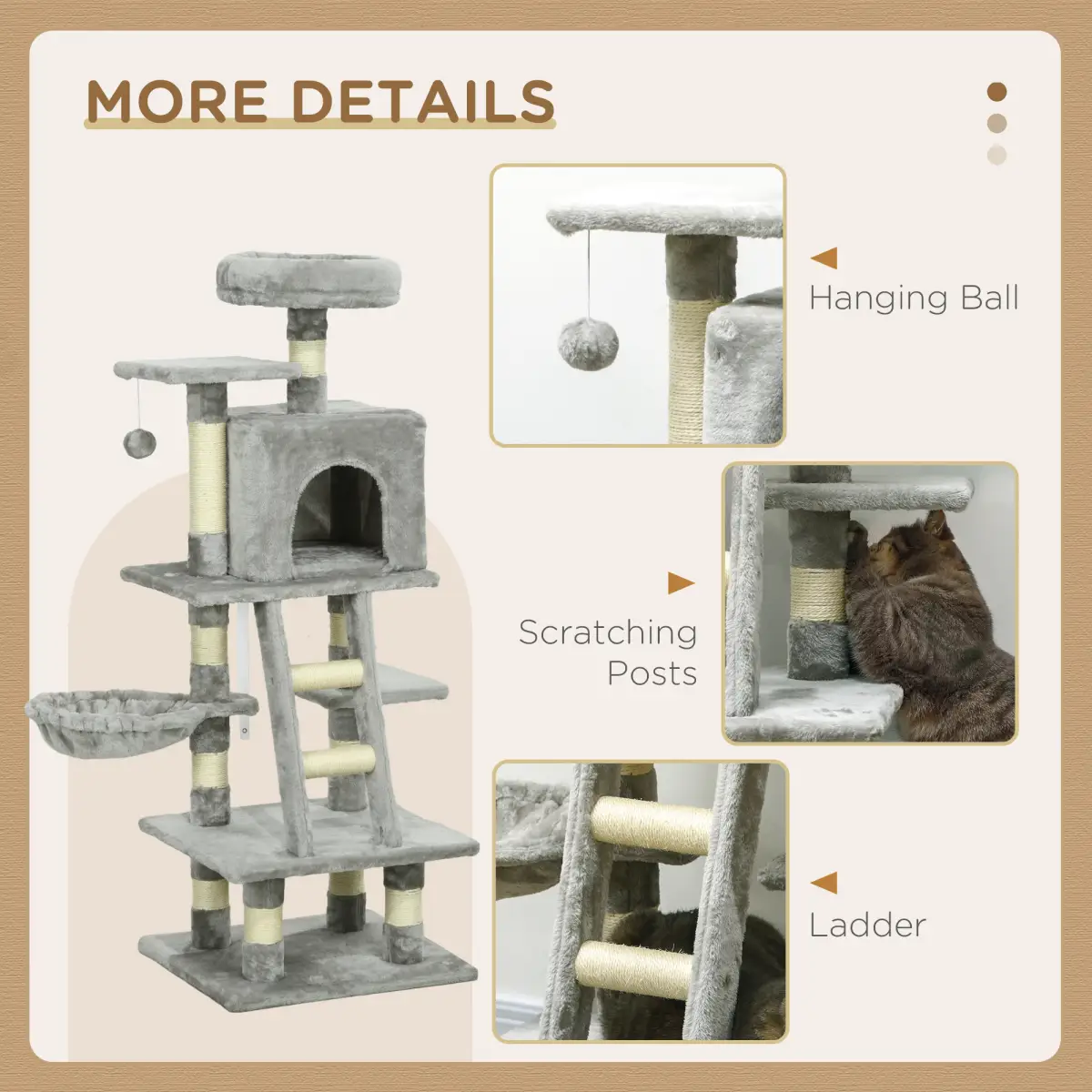 PawHut PawHut 132cm Multi-Activity Cat Tree w/ House Baskets Ladder Scratch Post Grey - Cat Tree