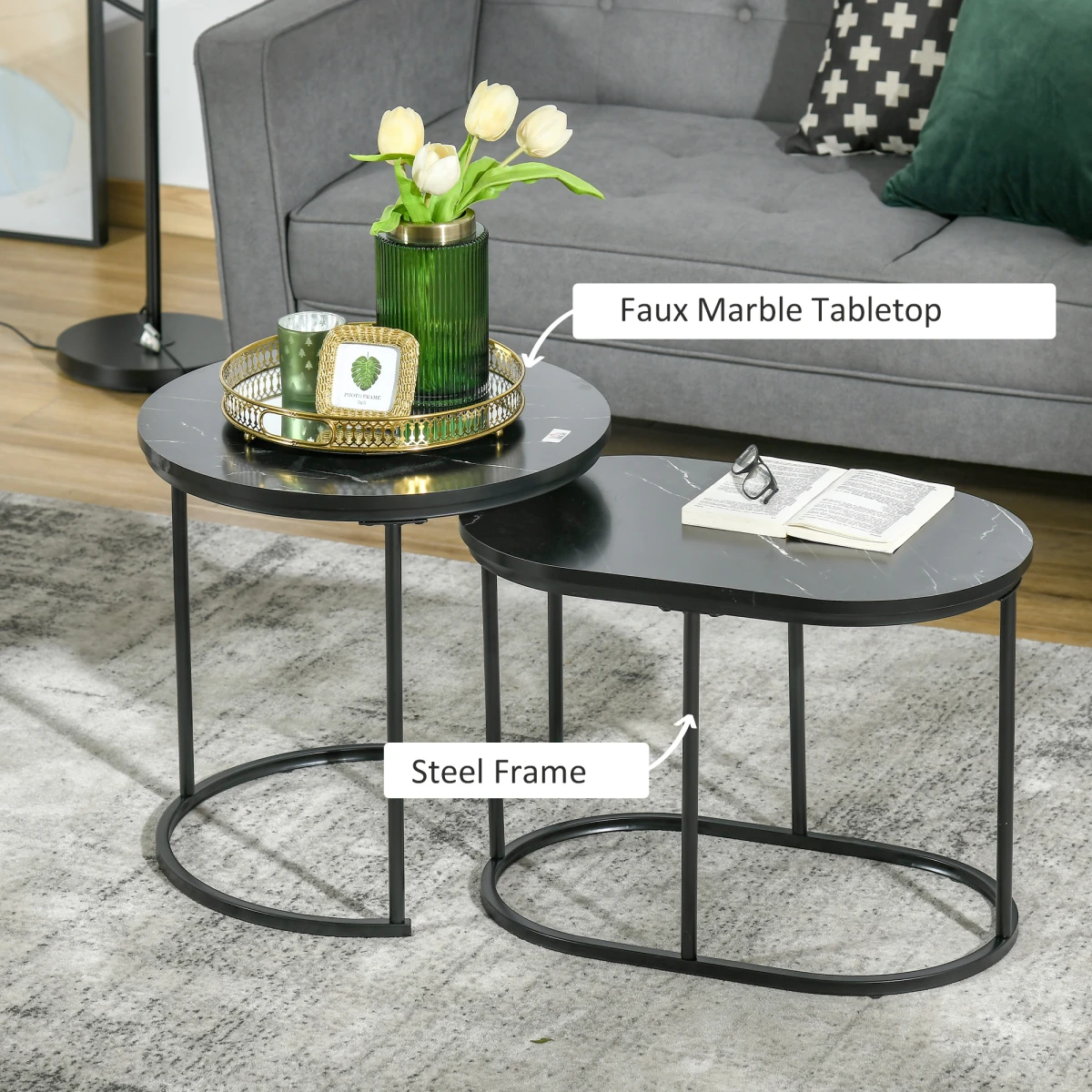 HOMCOM HOMCOM Two Piece Marble Top Side Tables Round And Oval Black Steel Frames Living Room Set - Coffee Table