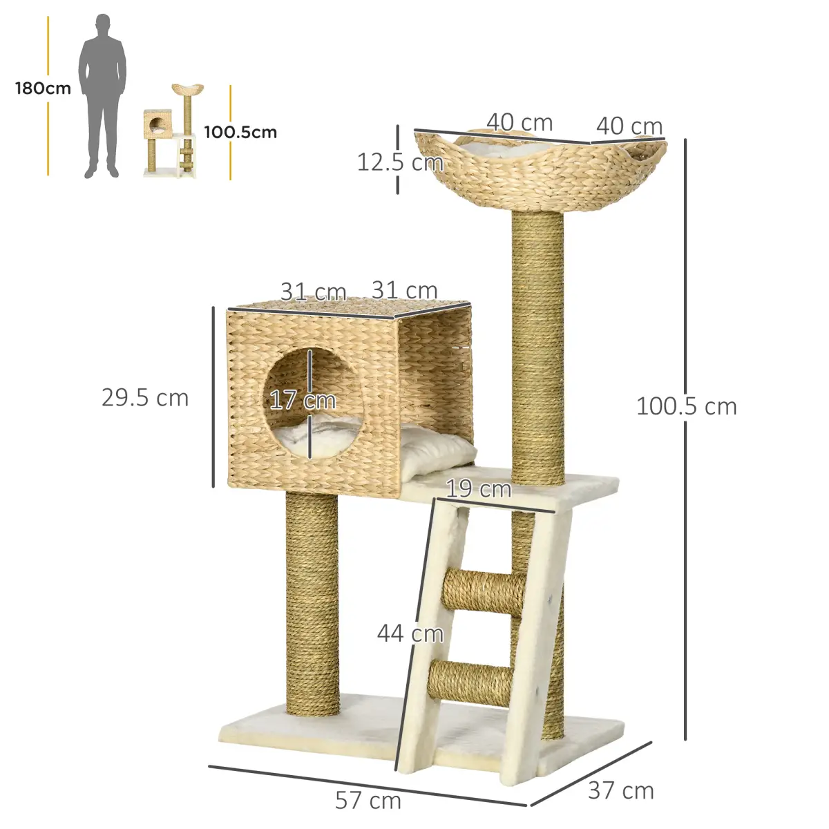 Unbranded Cat Tree Kitten Tower Cattail Weave w/ Scratching Posts, Bed, House Pawhut - Cat Tree