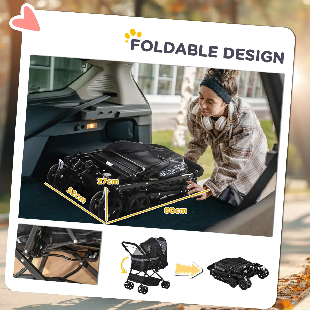PawHut Pet Stroller Dog Foldable Travel Carriage with Reversible Handle, Black - Pet Carrier