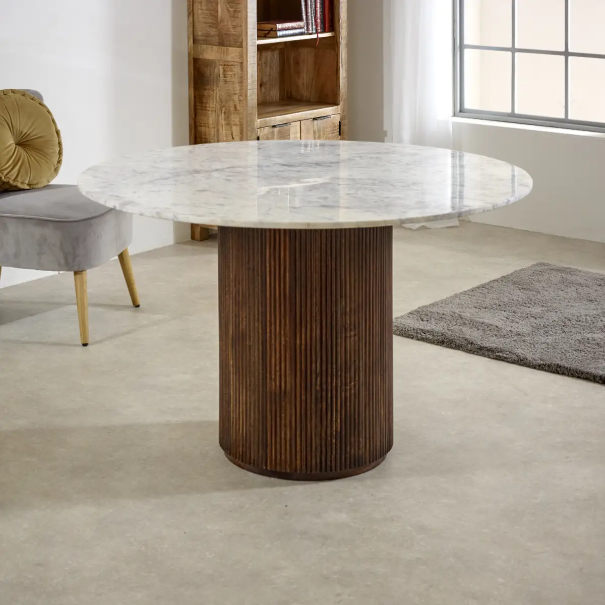 Indian Hub Opal Mango Wood Dining Table Round With Marble Top - Dining Table