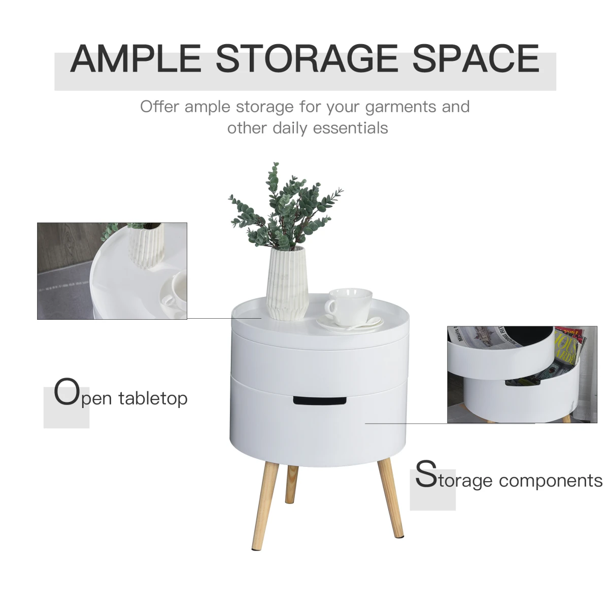 Premium White Circular Side Table Dia 16In Height 20In Removable Top Tray Dual Storage Nightstand And Coffee Table by HOMCOM