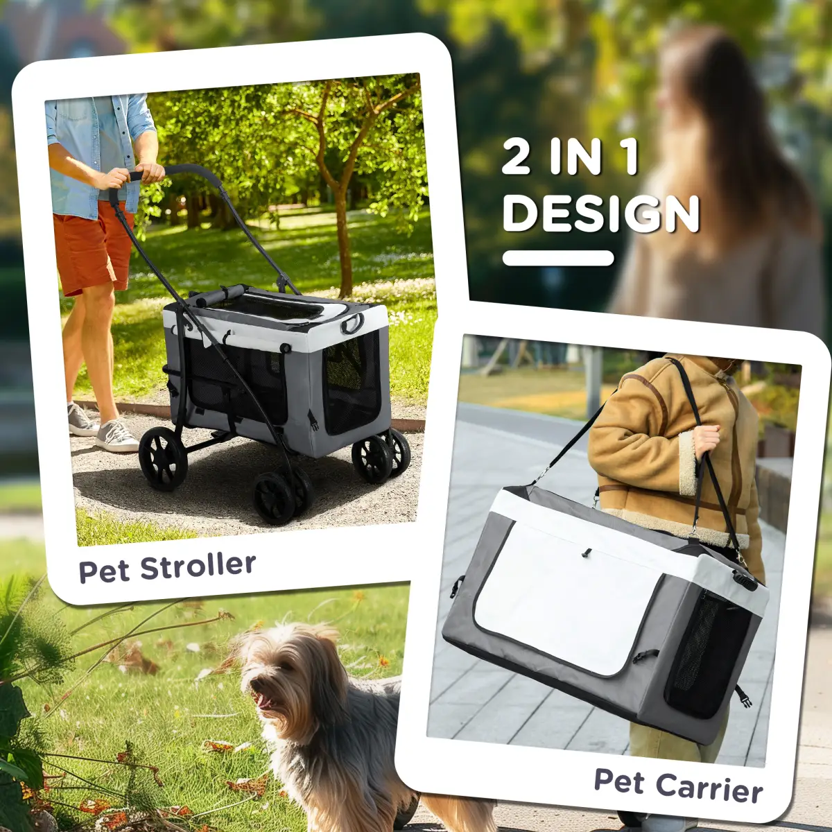 PawHut PawHut Foldable Pet Stroller w/ Detachable Carrier, Soft Padding - Grey - Pet Carrier
