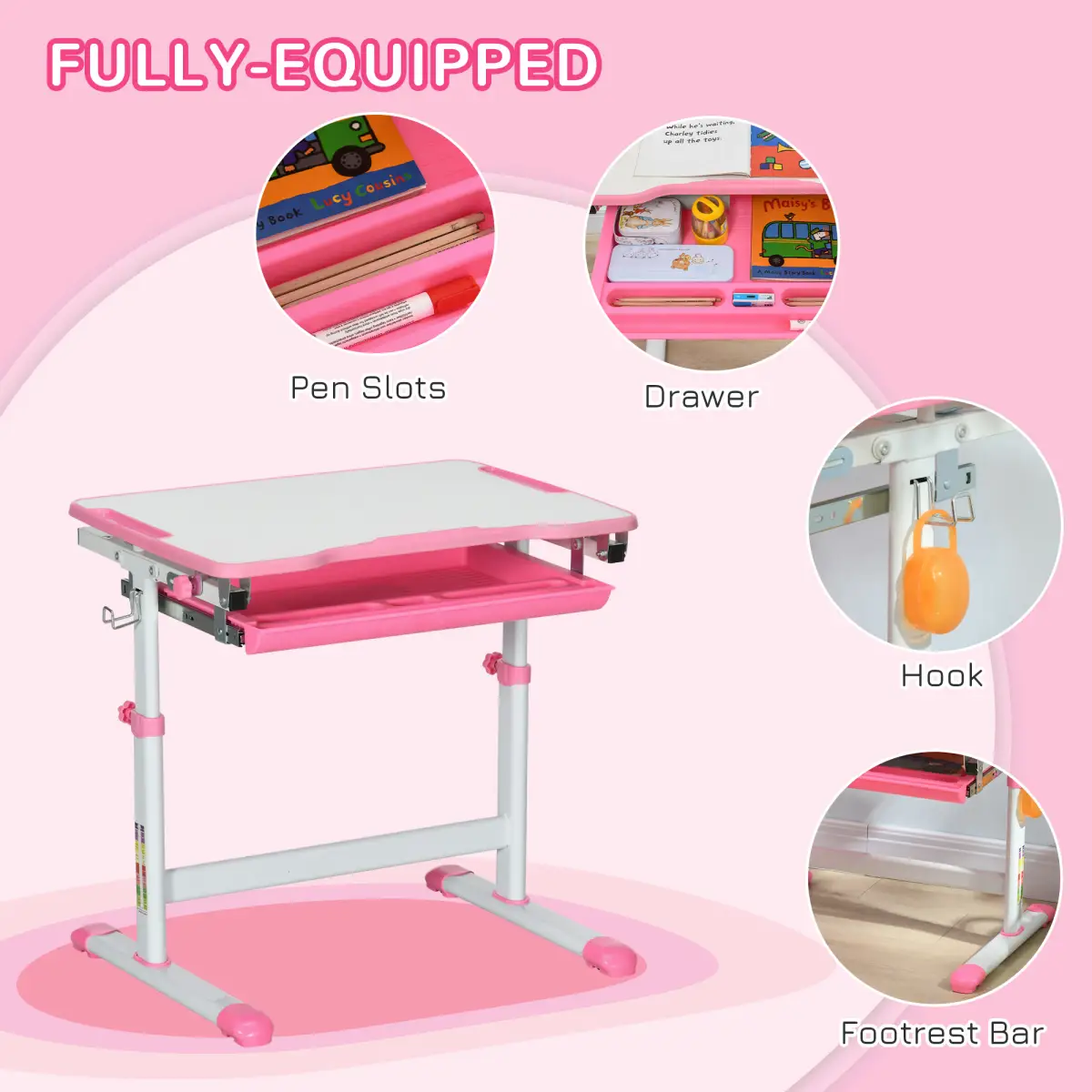HOMCOM Kids Desk and Chair Set, Height Adjustable Desk with Drawer, Pen Slot, Hook - Desk
