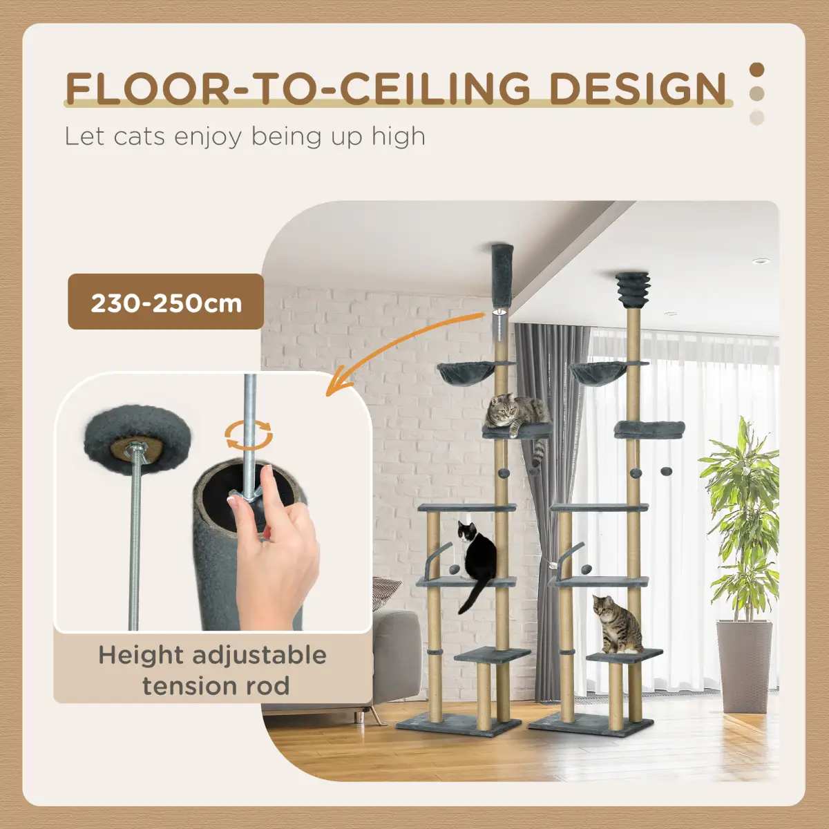PawHut 6-Tier Floor to Ceiling Cat Tree with Scratching Post, Bed, Hammock, Grey - Cat Tree