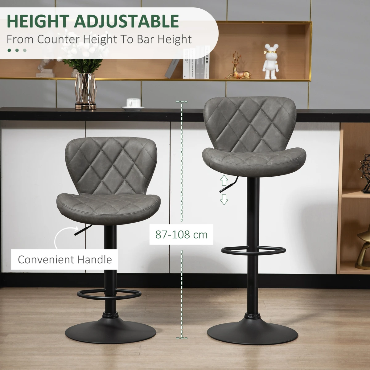 HOMCOM Adjustable Height Bar Stools 91 to 112 cm Swivel Faux Leather Diamond Stitching Home Office Set Of 2 by HOMCOM